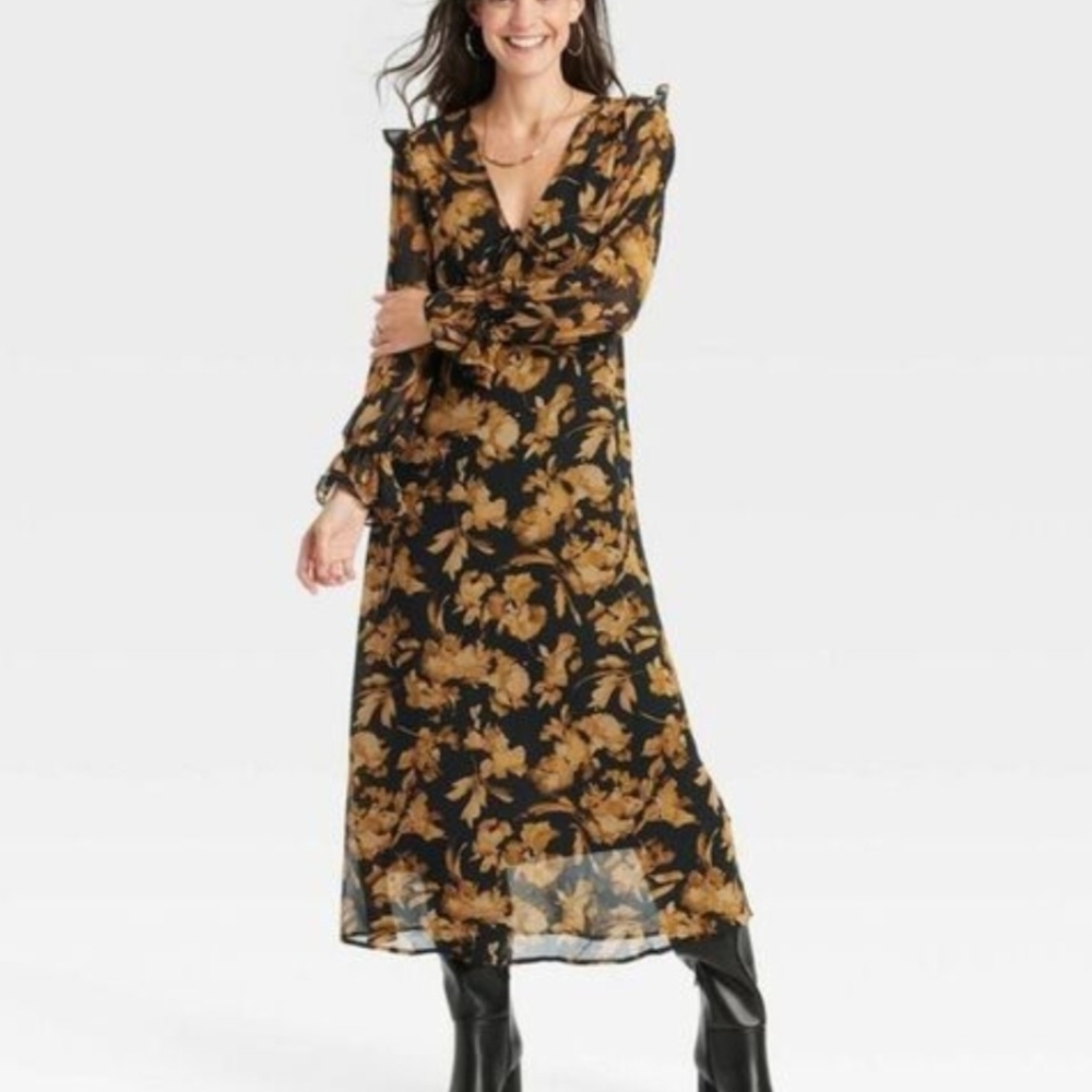 Long Sleeve Black Dress with Tan Floral Print